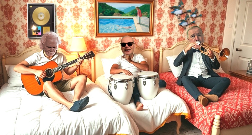 three beds in a line with a band member in each